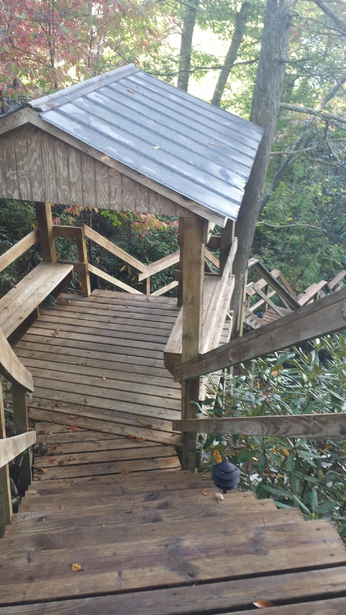 Metal roofed shelter over wooden steps on a wooded walkway — Skylight Repair & Installation work by our crew in Mount Savage